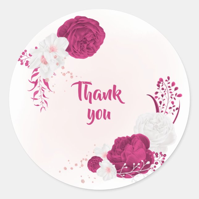 Sticker Rond fuchsia & fleurs blanches merci (Devant)