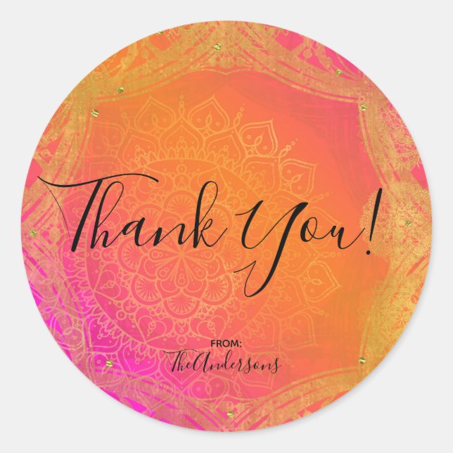 Sticker Rond Fuchsia Pink Orange & Gold Indian Mandala Party (Devant)