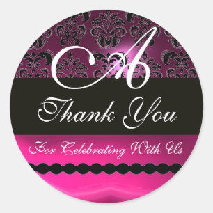 Sticker Rond FUCHSIA ROSE PURPLE DAMASK MONOGRAMME, violet