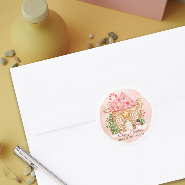 Sticker Rond Fun Aquarelle Gingbread Maison Noël (Fun Watercolor Gingerbread House Christmas Classic Round Sticker)
