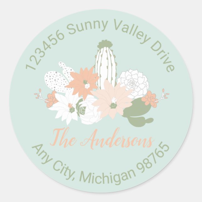 Sticker Rond Fun Cactus Green Peach Turquoise Desert Plante Mot (Devant)