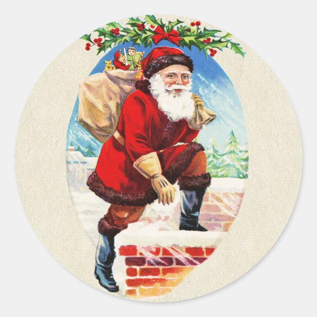 Sticker Rond Fun Festif Vintage Victorian Père Noël Cadeaux Chi (Devant)