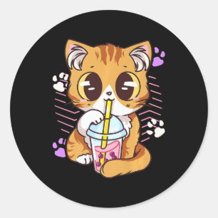 Sticker Rond Fun Kawaii Cute Cat Boba Buble Lait Thé Anime Nek