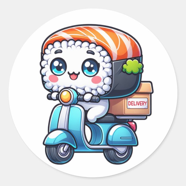 Sticker Rond Fun Kawaii Sushi sur la livraison scooter (Devant)