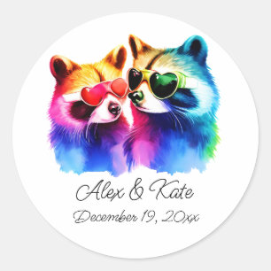 Sticker Rond Fun Raccoon Couple   Mariage romantique