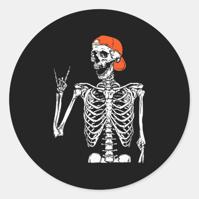 Sticker Rond Fun Rocker Skeleton Hand Rock on Costume Halloween (Devant)