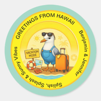 Sticker Rond fun sunny destination seagull beach traveller