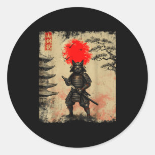 Sticker Rond Fun Tee Graphique D'art Japonais De Chat Samouraï