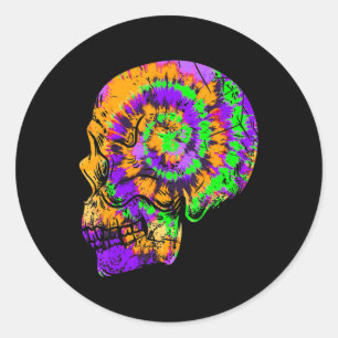 Sticker Rond Fun Tie Dye Crâne Festin Halloween vert pourpre