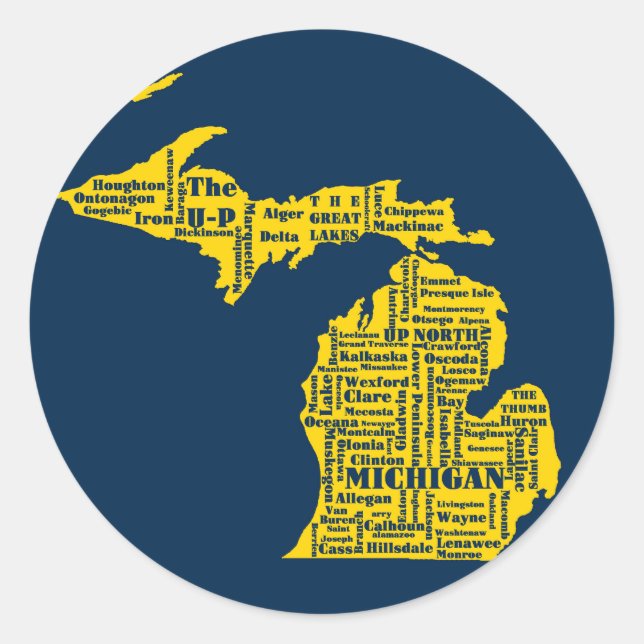 Sticker Rond Fun Yellow et Navy Blue State of Michigan villes (Devant)