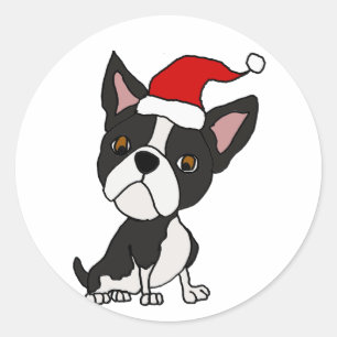Sticker Rond Funky Boston Terrier Chien à Santa Hat Noël