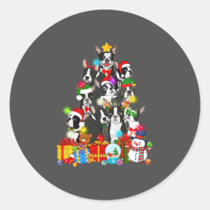 Sticker Rond Funky Boston Terrier Christmas Tree Lumières Chiot