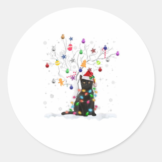 Sticker Rond Funky Père Noël Black Cat Christmas Tree Gi (Devant)