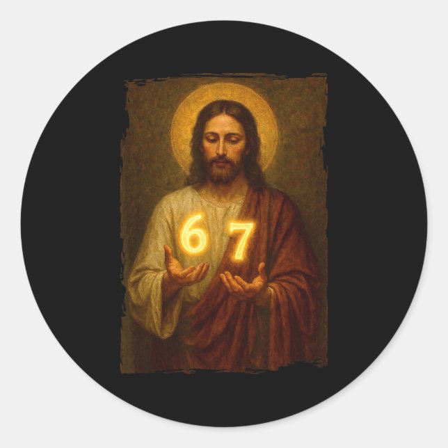 Sticker Rond Funny 6 7 Jesus. Absurd Six Seven Meme, Weird Teen (Devant)