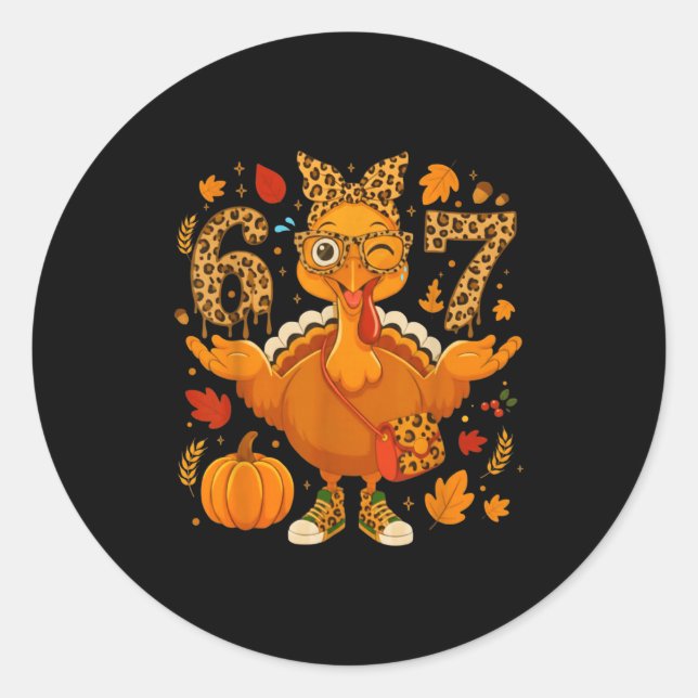 Sticker Rond Funny 6 7 Thanksgiving Leopard Bow Turkey Six Seve (Devant)