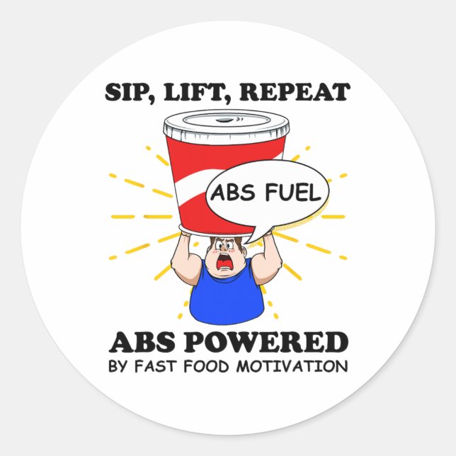 Sticker Rond Funny Abs Exercise Fast Food Gym Workout Bodybuild (Devant)