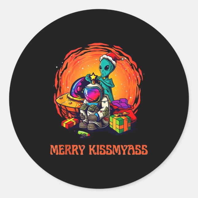 Sticker Rond Funny Alien Christmas Shirt _ Merry Kissmy Tank To (Devant)