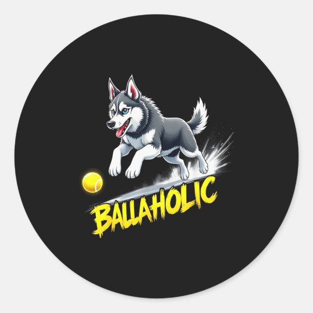Sticker Rond Funny Ballaholic Siberian Husky Dog Chasing Ball  (Devant)