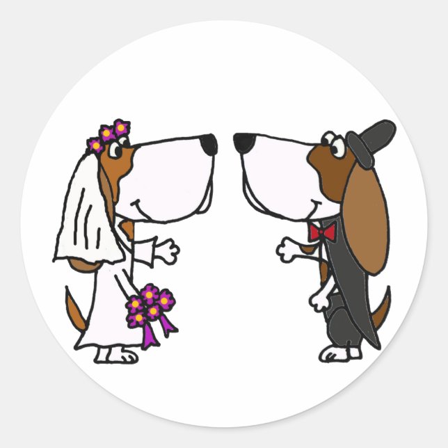 Sticker Rond Funny Basset Hound Bride et Groom Mariage Art (Devant)