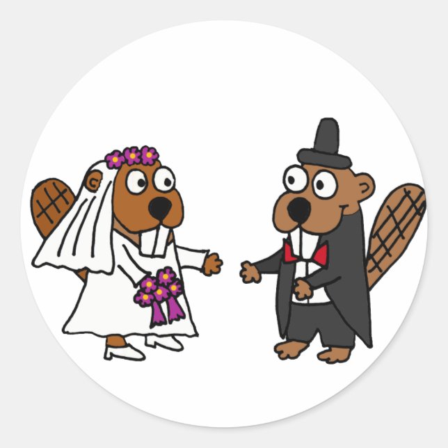 Sticker Rond Funny Beaver Bride et Mariage de chambre (Devant)