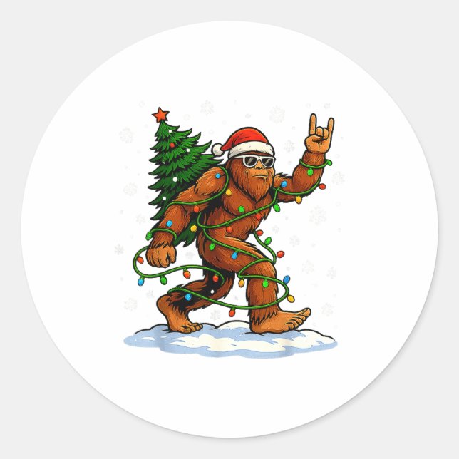 Sticker Rond Funny Bigfoot Rock On Christmas Lights Snow Holida (Devant)