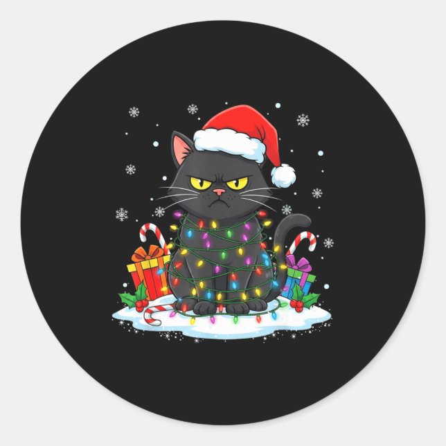 Sticker Rond Funny Black Cat Christmas For Men Women Youth Girl (Devant)