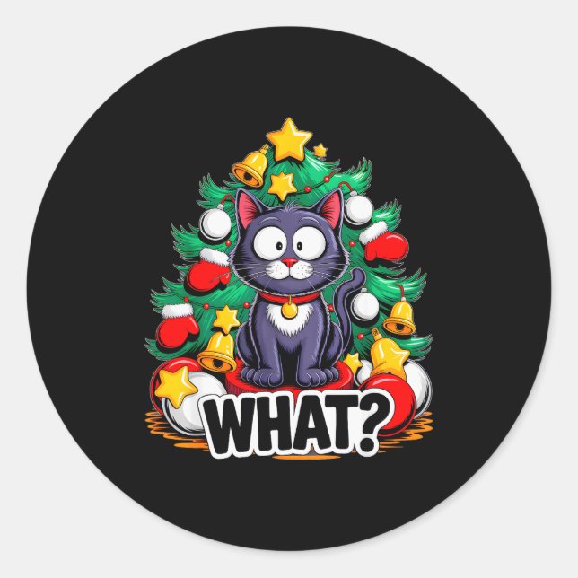 Sticker Rond Funny Black Cat Christmas Tree Merry Xmas Humor Ca (Devant)