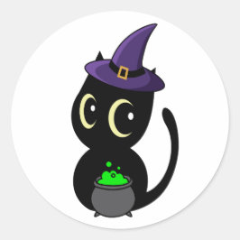 Sticker Rond Funny Black cat est une sorcière