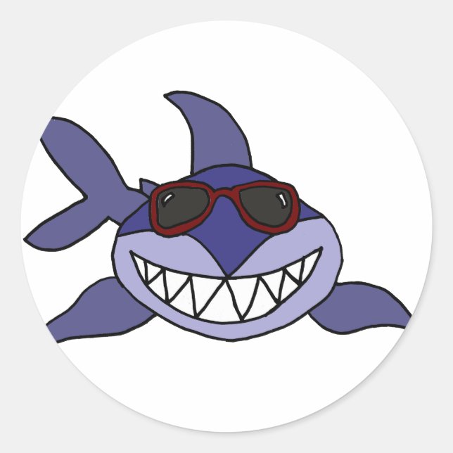Sticker Rond Funny Blue Shark avec lunettes de soleil (Devant)