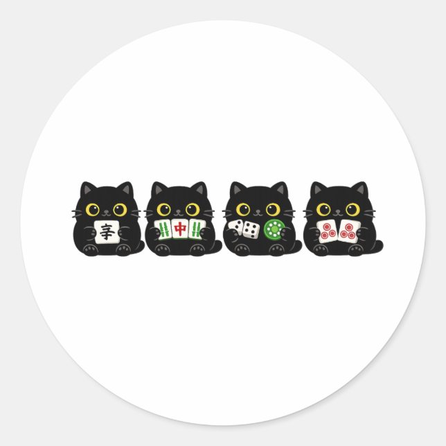 Sticker Rond Funny Board Game Night , Mahjong Black Cat (Devant)