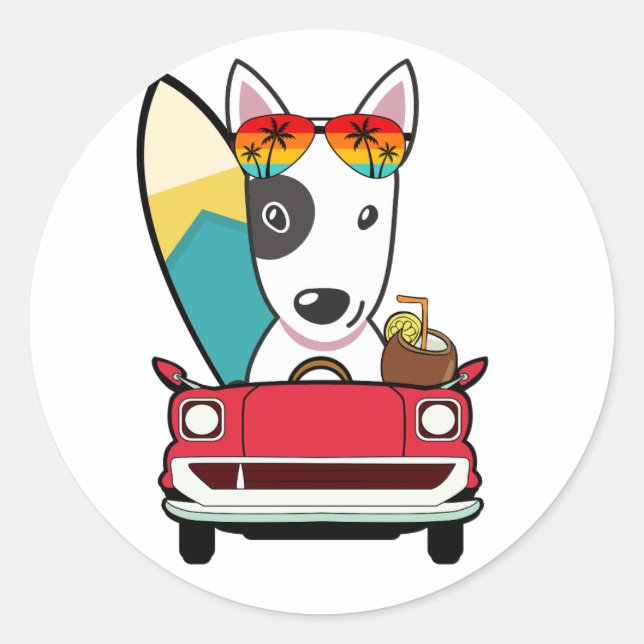 Sticker Rond Funny Bull Terrier Dog conduit à la plage (Devant)