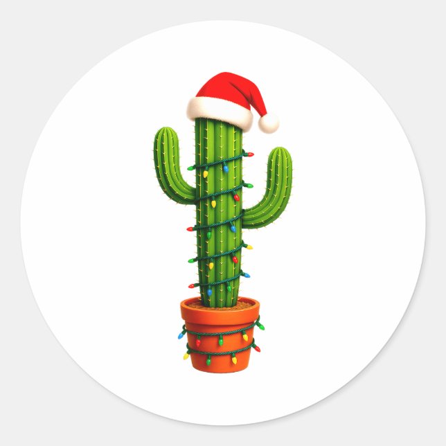 Sticker Rond Funny Cactus Santa Hat Xmas Tree Lights Merry Chri (Devant)