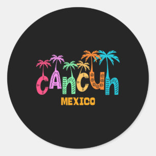 Sticker Rond Funny Cancun Mexique Palm Tree Typographie colorée