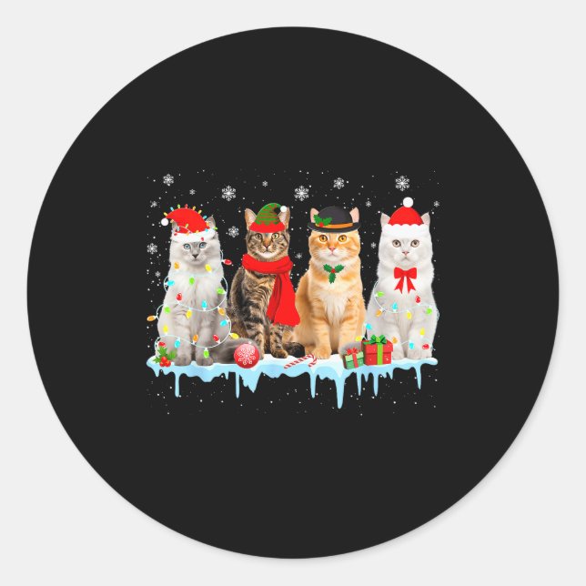 Sticker Rond Funny Cat Christmas Lights Reindeer Santa Xmas Kit (Devant)