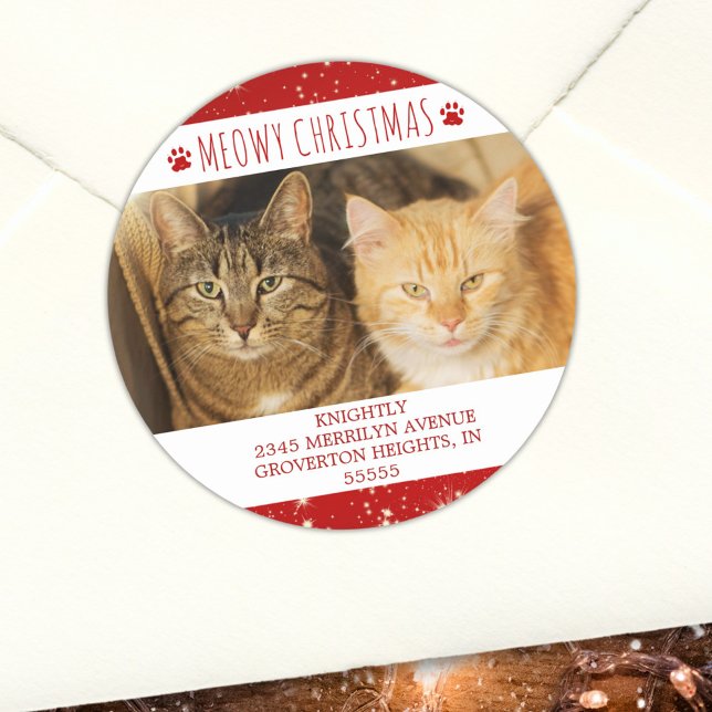 Sticker Rond Funny Cat MEOWY CHRISTMAS Photo Rouge Retour Adres (Créateur téléchargé)