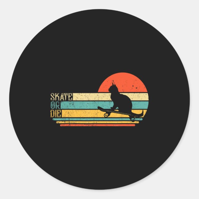 Sticker Rond Funny Cat On Skateboard Retro Skateboarder  (Devant)