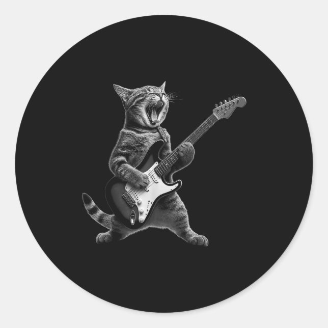 Sticker Rond Funny Cat Playing Guitar Rock And Roll Men Women K (Devant)