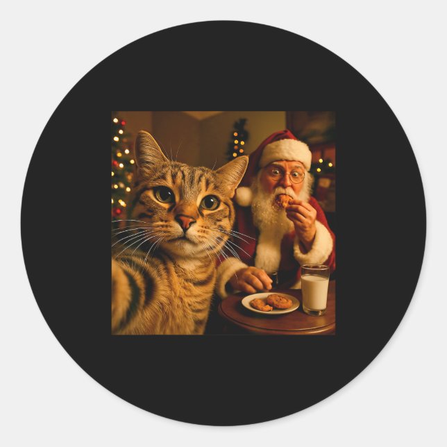 Sticker Rond Funny Cat Selfie With Santa Claus Christmas Meme  (Devant)