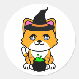 Sticker Rond Funny chat orange est une sorcière