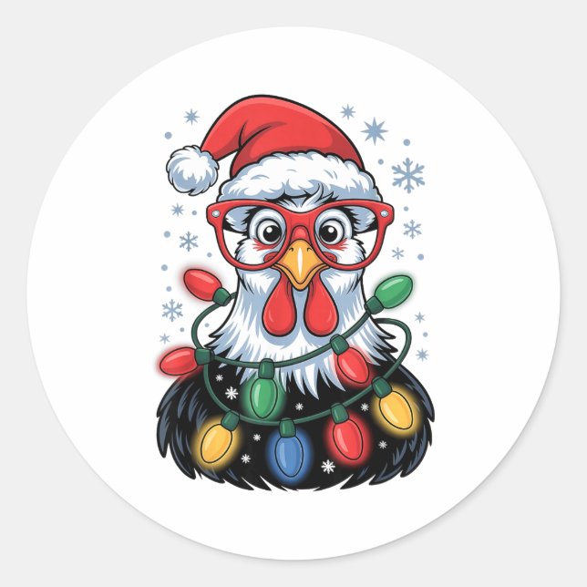 Sticker Rond Funny Chicken Christmas Tree Lights Santa Hat Xmas (Devant)