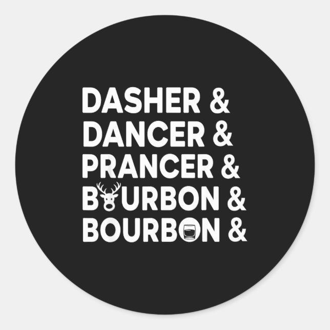 Sticker Rond Funny Christmas Dasher Dancer Prancer &amp; Bourbo (Devant)