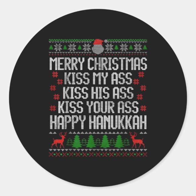 Sticker Rond Funny Christmas Kiss My Happy Hanukkah Humor  (Devant)
