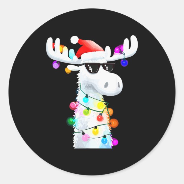 Sticker Rond Funny Christmas Moose With Sungles And Holiday Lig (Devant)