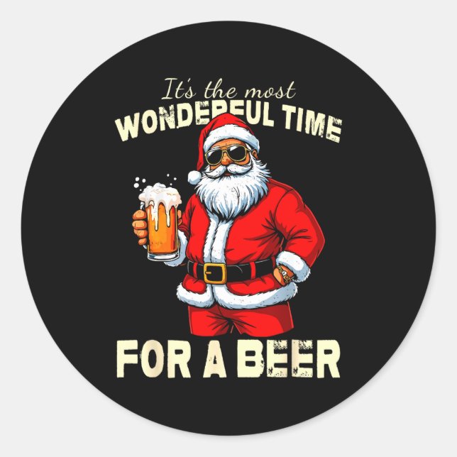 Sticker Rond Funny Christmas Santa Drinking Beer Wonderful Time (Devant)