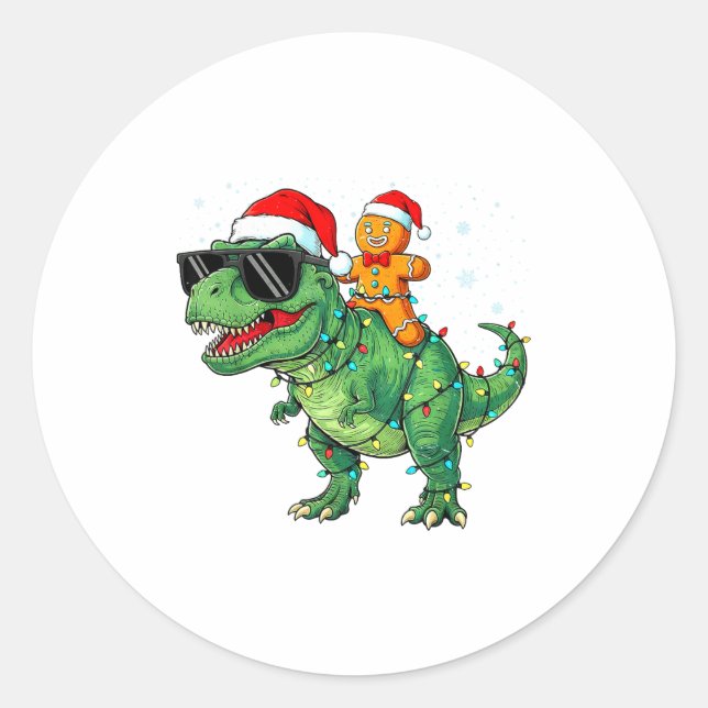 Sticker Rond Funny Christmas T Rex Dinosaur Gingerbread Lights  (Devant)