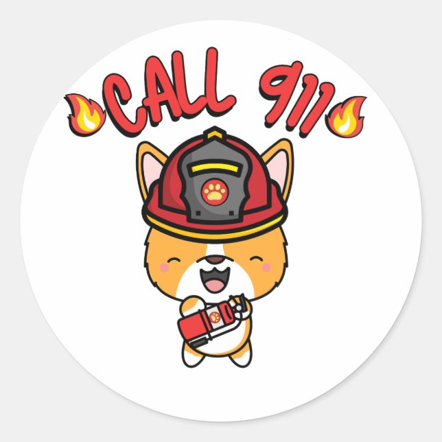Sticker Rond Funny Corgi chien est pompier (Devant)
