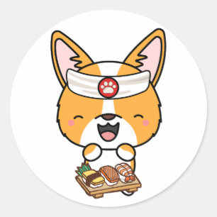 Sticker Rond Funny corgi dog est un chef sushi