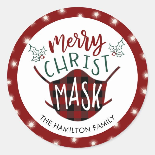 Sticker Rond Funny COVID MERRY ChristMASK Buffalo Check (Devant)