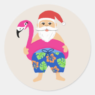 Sticker Rond Funny Cute Tropical Père Noël Holiday Pool Flotte