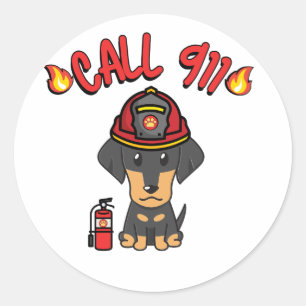 Sticker Rond Funny Dachshund chien est pompier